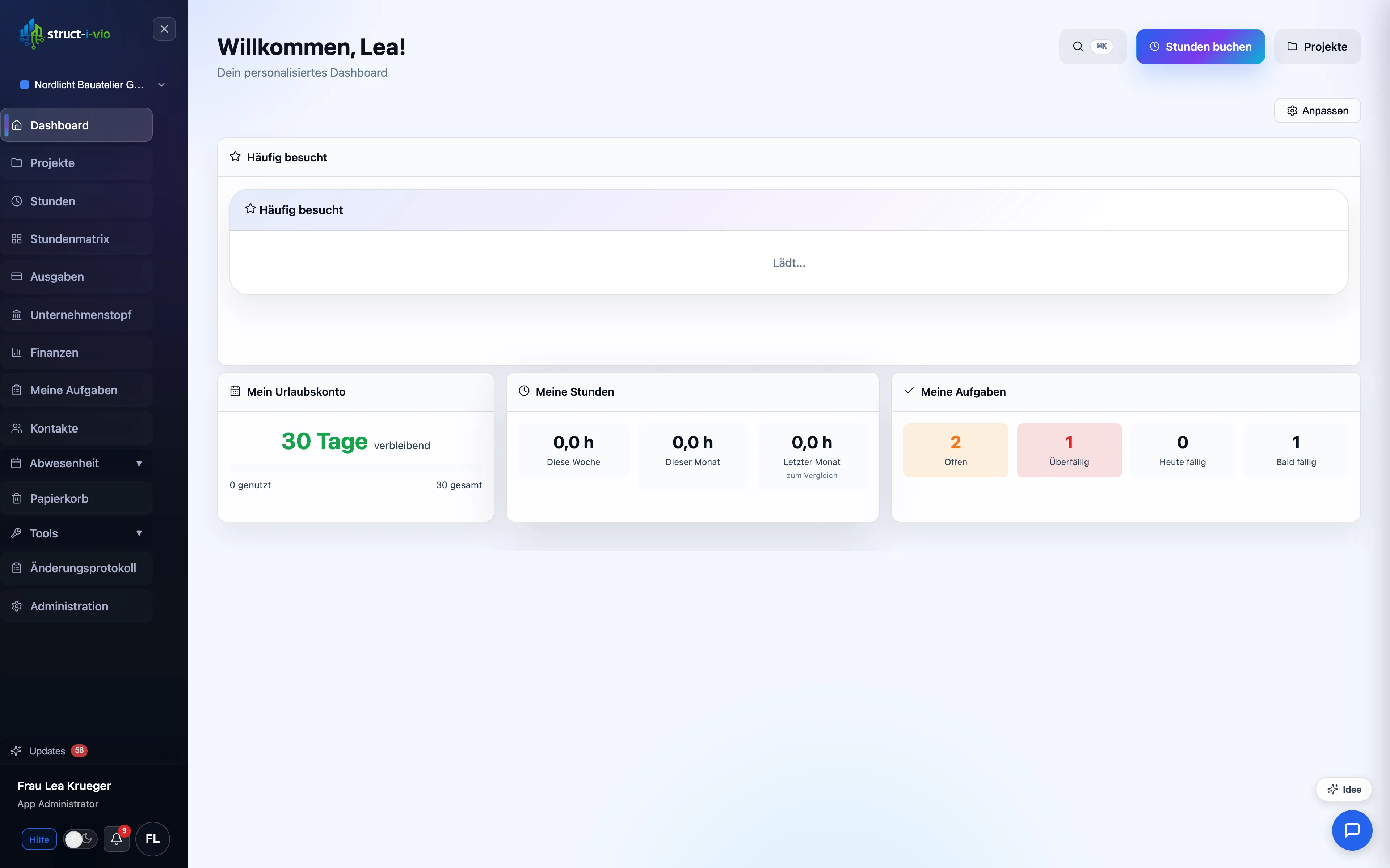 Dashboard von struct-i-vio mit Projekt- und Statusübersicht